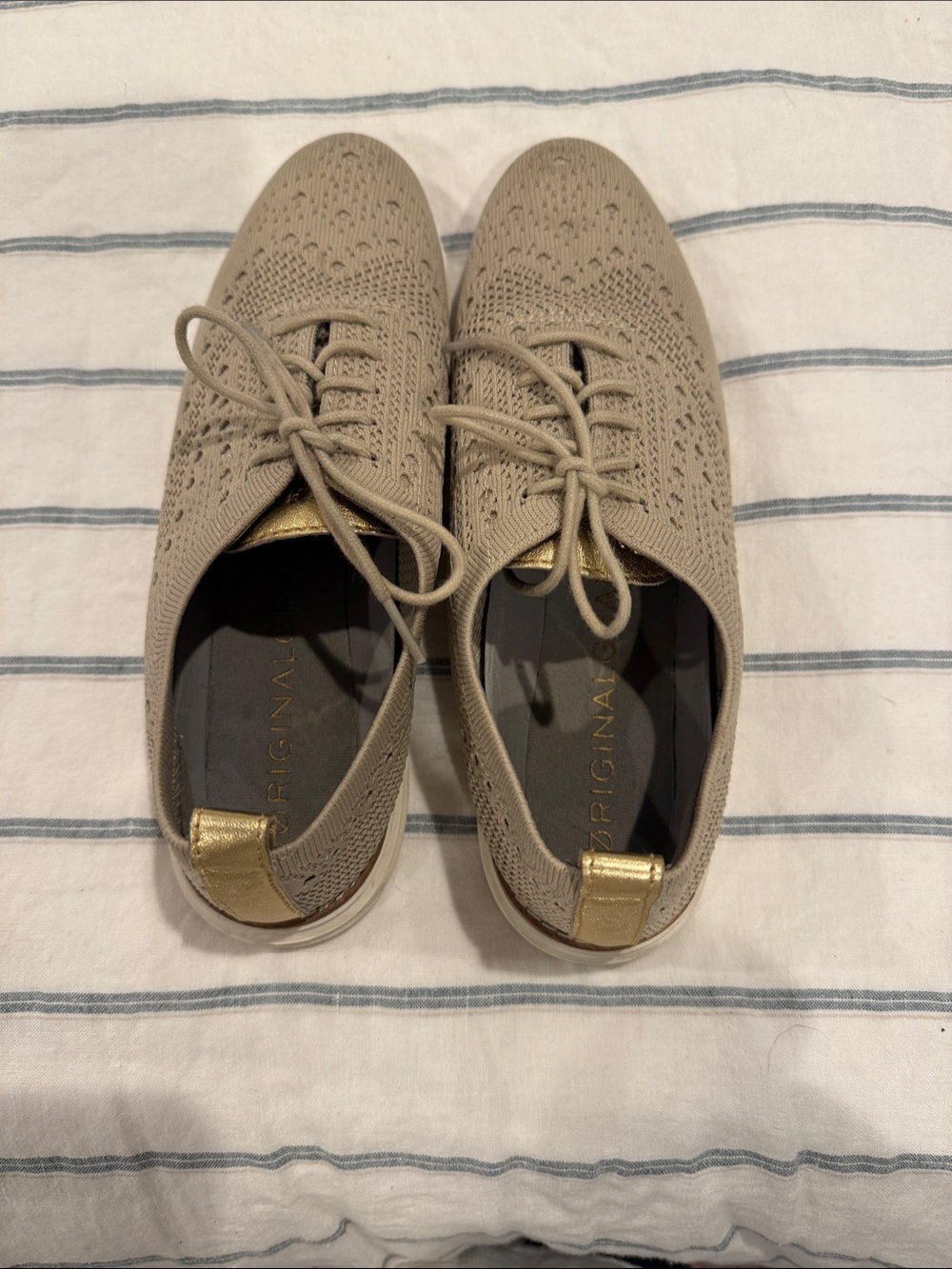 Cole Haan Knit Lace-Up Sneakers in Taupe with Gold Accent